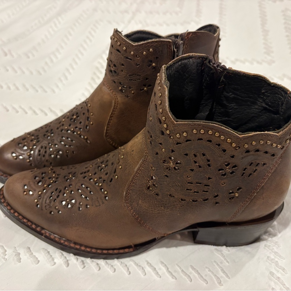Women's Brown Perforated Leather Ankle Booties